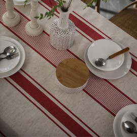 ArtBud White Red Tablecloth Cotton Linen Farmhouse Table Cover Soft Washable Table Top for Parties Coffee Kitchen Décor Stripe(Rectangle/Oblong, 60"×86"(6-8 Seats)