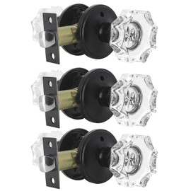 GOBEKOR Pack of 3 Privacy Locking Sets Crystal Interior Door Knobs for Bedroom and Bathroom, Fluted Glass Diamond Door Lock with Victorian Rosette in Matte Black