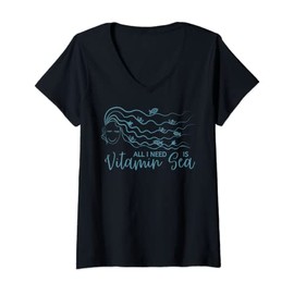 Womens All I need is vitamin Sea girl long hair waves fish V-Neck T-Shirt