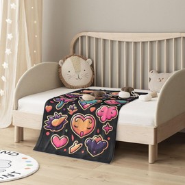 E-RIDES 76x100CM Small Flannel Blanket, Pink Heart Stickers Blanket for Babies, Kids, Cat, Dog, Travel - Lightweight Blanket for Couch, Bed, Car, and Stroller, Idea Birthday Gift