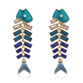 KVANU Creative Exaggerated Long Colorful Sparkly Crystal Fish Bone Dangle Drop Earrings Vintage Gold Cute Enamel Diamond Animal metal Stud Earrings (Green)