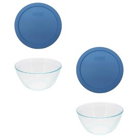 Pyrex 7402 6-Cup/1.5L Sculpted Glass Mixing Bowl and 7402-PC Blue Cornflower Lid (2-Pack) - Made in USA