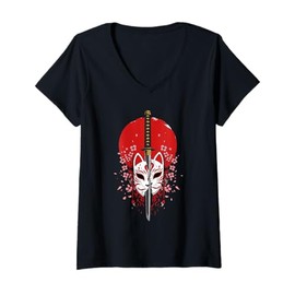 Womens Mask Kitsune Samurai Japanese Oni Warrior Anime Art V-Neck T-Shirt