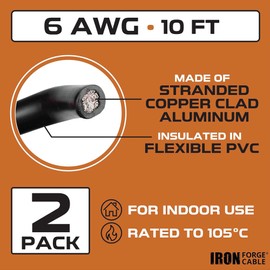 Iron Forge Cable 6 Gauge Wire - 2 Pack 10ft Copper Clad Aluminum Primary Wire - 6 AWG Heavy Duty Cables for Battery or Automotive - 1 Red and 1 Black