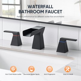 Matte Black Bathroom Faucet 3 Holes Two Handles Lavatory Vanity Sink Faucet Widespread 8 Inch Waterfall with Supply Hoses Stainless Steel