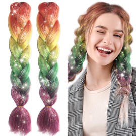Bordedor Rainbow Braiding Hair Extension with Tinsel, Colored Hair Extensions Synthetic Braiding 3 Tone for Girls Women,Box Braids Twist 24 Inch