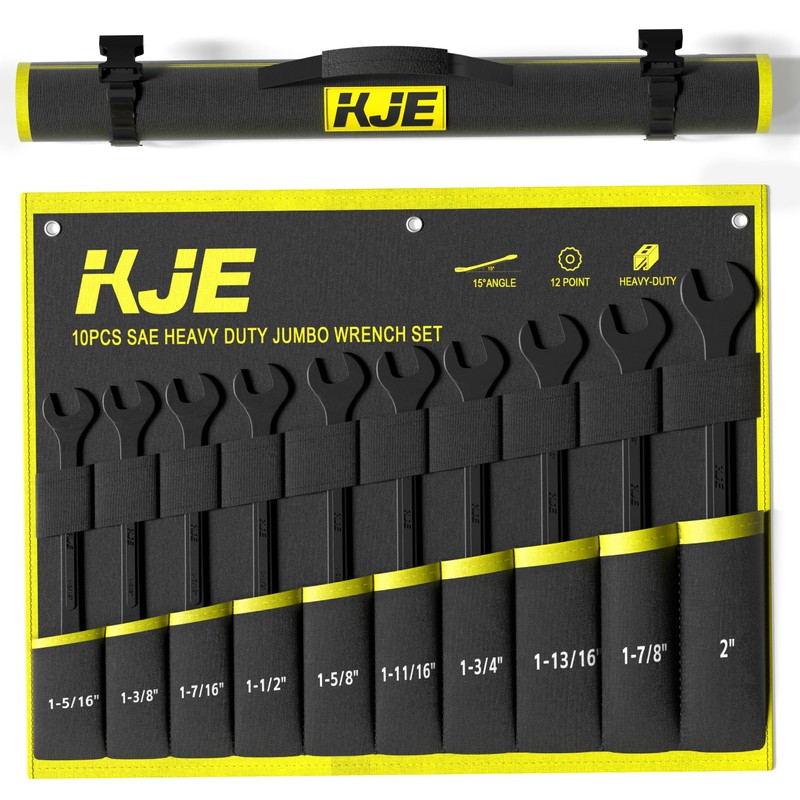 KJE 10-Piece SAE Black-Oxide Jumbo Combination Wrench Set, Open-End large