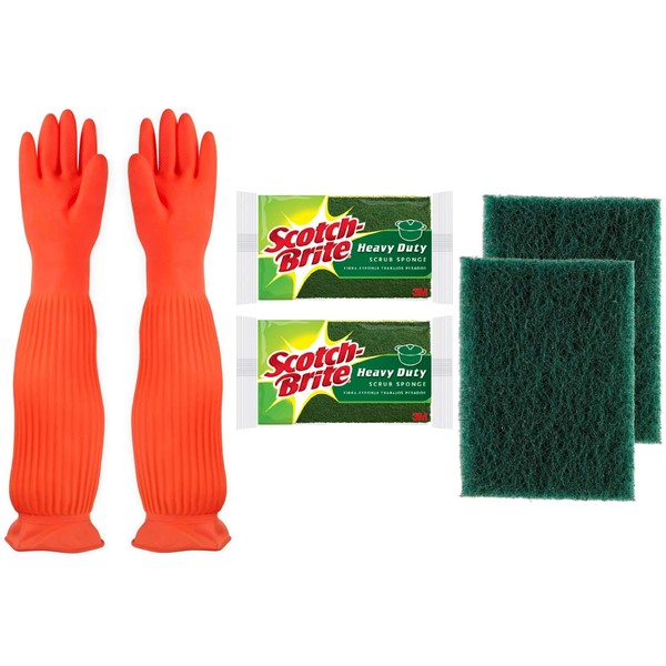 Scotch-Brite Heavy Duty Cleaning Tool Set Includes 2 Pack Heavy Duty Scrub Sponge, Waterproof BPA Free Gloves + XL Scrubber Pad