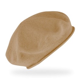 fiebig Fine Knit Basque with Rolled Edge, Beret in One Size, Made of Cotton, Lightweight Wool Basque in Many Colours, camel