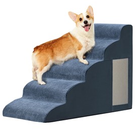 Pet Stairs for Small Dogs - 5-Step Curved Dog Ramp for Bed, Couch, Sofa, Car and Chairs - Non-Slip Bottom Design - Cat Scratching Board - High Density Foam Portable Pet Step - Navy