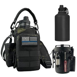 COOLYARD Half Gallon Water Bottle Insulated with Sleeve-64 oz Stainless Steel Water Jug with MOLLE Pouch for Gym Workout Hiking Black Camo