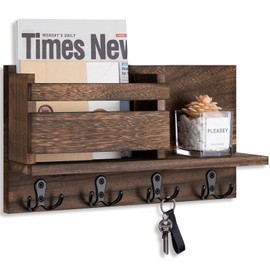 Lucundm Key and Mail Holder for Wall Decorative - Rustic Mail Organizer Wall Mount, Wooden Letter Sorter Organizer with 4 Key Rack Hooks for Hallway Kitchen Farmhouse Decor (Brown)