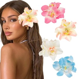 BelleVive 4 Pack Hawaiian Flower Hair Clips for Ladies, Artificial Tropical Hair Clip, Hibiscus Claw Clip, Beach, Holiday, Party, Boho Hair Accessories for Women and Girls