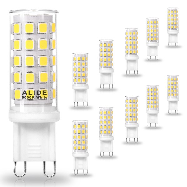 ALIDE G9 Led Bulbs 5W 6000K Daylight Cool Bright White,50W-60W Halogen Equivalent, AC120V T4 G9 Bi-pin Led Bulbs for Chandelier Pendant Lighting,550LM,10Pack(Non-Dimmable)