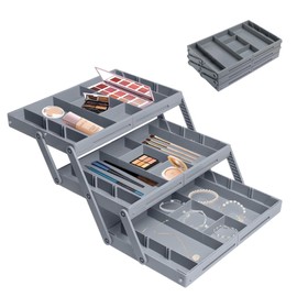 3 Tier Drawer Organizer, Folding Smart Drawer Organiser Multi Level Expandable Drawer Organizer Makeup Drawer Shallow Organizer Tray for Makeup Jewelry Office Supplies