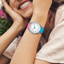 Bisley Women Watch Pink and Blue Watch Soft Silicone Watch Arabic Number Dial Easy to Read Watch Three Hand Analog Watch