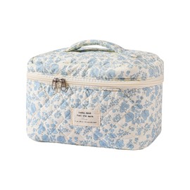 uekeboag uekeboag Large Travel Quilted Makeup Bag for Women, Floral Cotton Cosmetic Bag, Coquette Aesthetic Floral Toiletry Organizer Bag (01Lithtblue-flower)