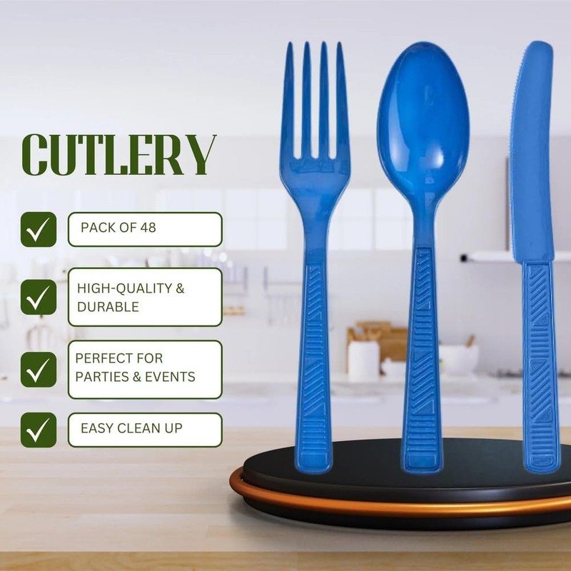 Party Dimensions Plastic Blue | Pack of 48 Cutlery Combo,