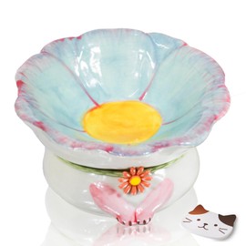 Elevated Ceramic Cat Bowls,Flower Shape Cute Cat Bowls,6''Elevated Cat Food Bowl,Raised Cat Bowls for Indoor Cats,Tilted Cat Food Bowls with Non-Slip Mat,Cat Bowls Whisker Friendly(Blue)