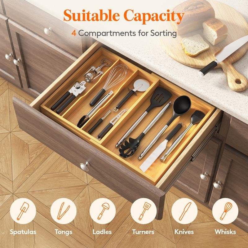 Lifewit 4 Compartments Bamboo Utensil Drawer Organizer, Expendable Cooking Silverware