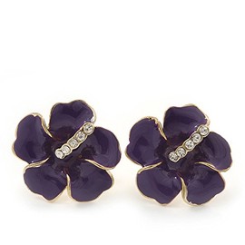 20mm D/Deep Purple Enamel Crystal Daisy Stud Earrings/Gold Tone