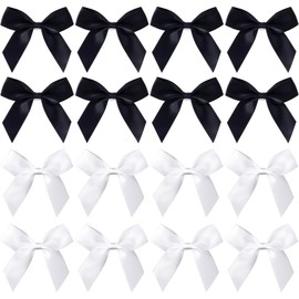 Pndeyo 16pcs Self-Adhesive Wrap Bows, Soft Non-Faded Satin Ribbon Bow, Premade Craft Bowknot for Christams Wedding Birthday Party Bridal Shower Decorations- Black & White