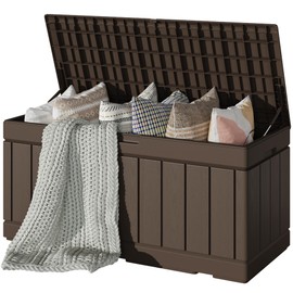 Devoko 80 Gallon Deck Box, Waterproof Resin Outdoor Storage Box for Outside and Patio, Outdoor Storage Bench Lockable for Patio Furniture, Garden Tools and Pool Supplies (Brown, 80 Gallon)