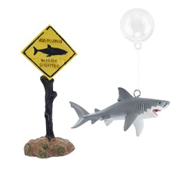 MHLLGN Fish Tank Decor Set, Plastic Great White Shark Statue with Floating Ball and a Warning Sign Decor, Fish Tank Decorations, Fish Aquariums Accessories, Aquarium Decor