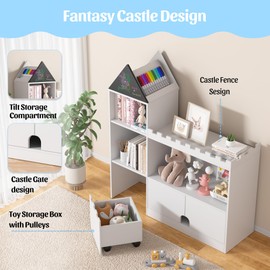 Decofy Toy Storage Organizer, Wood Kids Castle Bookshelf, 6 Cubby Children Bookcase, Montessori Book Shelf for Nursery, Playroom, Living Room [Size: 39.4’’ L* 11.8 ‘’ W * 39.4’’ H] White