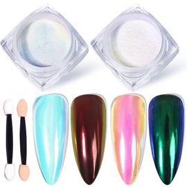 U-Shinein Chrome Nail Powder, Pearl White Nail Powder Pigment, High Gloss Glitter Nail Art, Holographic Ice Aurora Dust, Iridescent Aurora Powder Pearlescent Mermaid Pigment for Nail Art 2 Pcs (Color 01)