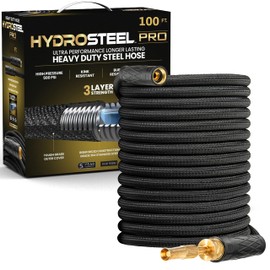 HYDROSTEEL PRO 100 Ft Metal Garden Hose with Nozzle, Indestructible 3-Layer Stainless Steel Heavy Duty Water Hose 100 Ft x 5/8 in. Kink Free Design Will Not Kink, Flexible, NON Expandable, 500 PSI