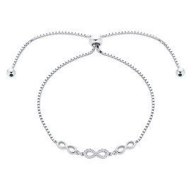 Delicate Dainty Romantic Symbols Love Knot Trio Multi CZ Accent Infinity Bolo Bracelet for Women Teens .925 Sterling Silver Adjustable Slide