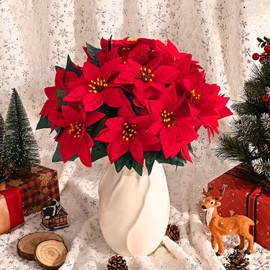 MARTINE MALL 6 Packs Poinsettia Flowers Artificial, 7 Heads Poinsettia Christmas Decoration, Velvet Poinsettia Bouquet Christmas Flowers Poinsettia Bush for Christmas Xmas Tree Porch Home Decoration