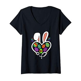 Womens Nurse Stetoschope Easter Rabbit Ears Cute Bunny Nursing Gift V-Neck T-Shirt