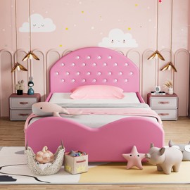 HONEY JOY Twin Size Bed Frame with Headboard, Toddler Upholstered Platform with Slatted Single Bed Base, No Box Spring Needed, Princess Wooden for Baby Girls Kids, Pink