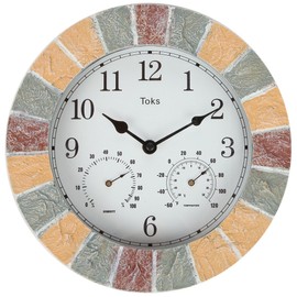 Lily's Home Hanging Wall Clock, Includes a Thermometer and Hygrometer and is Ideal for Indoor and Outdoor Use, Faux-Stone (10 Inches)