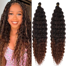 Deep Ocean Wave Crochet Hair 24 Inch Curly Ocean Deep Wave Wavy Braiding Hair 2 Packs 1b/30 Ombre Brown Boho Hair for Braiding Boho Curls Braids Extensions