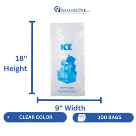 ASSUREPAK 5LB Clear Plastic Ice Bags - 100 Reusable Bags per case - 9"x18" Size - 1.25 mil thickness - Convenient Bulk Pack for Ice Storage and More, Clear