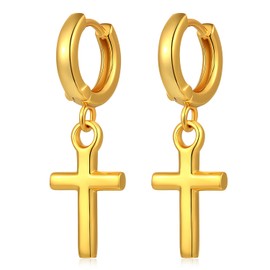 JiaYang Sterling Silver Cross Dangle Earrings Highly Polished Crucifix 10 mm Hoop Earrings Religious 18K Gold Plated Hanging Large Cross Jewellery for Men Women, Sterling Silver, Cubic Zirconia