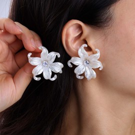 Boho Acrylic White Flower Earrings Pink Flower Stud Earrings CZ Pearl Flower Earrings Yellow Daisy Flower Earrings Wedding Statement Earrings Resin Orange Rose Earrings Jewellery For Women, Resin