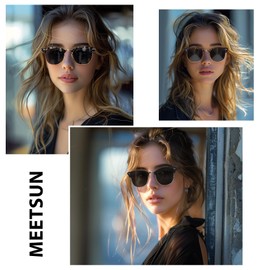 MEETSUN Retro Semi Rimless Polarized Sunglasses for Women Men Trendy Mirror Lens Driving Sun Glasses 3 Pack Black Grey Leopard