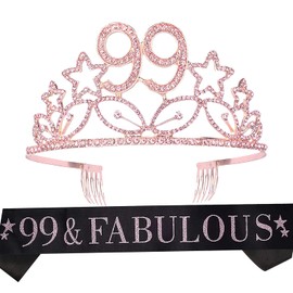 MEANT2TOBE 99th Birthday Sash and Tiara for Women, Fabulous Glitter Sash + Stars Rhinestone Pink Premium Metal Tiara for Her