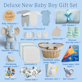 Baby Shower Gifts For Boys,Unique Gifts For Newborn Baby Boy,Large Baby Boy Gift Basket Set Essential Stuff,Baby Boy Gifts Basket Includes Blanket,Onesies,Washcloths,Socks,For Gender Reveal Gifts-Blue
