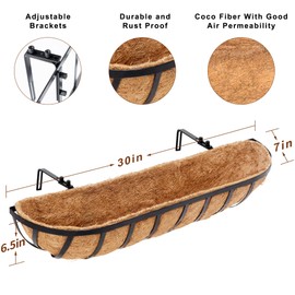 LAWYAMAI 4pcs 30" Window Box Deck Railing Planter with Coco Liner, Metal Hanging Flower Planter Window Basket, Wall Planters Boxes with Horse Trough Coco Liner for Outdoor Indoor Balcony Porch Fence