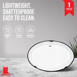 Red Co. Enamelware Metal Classic 13” Serving Oval Tray Platter, Distressed White/Black Rim