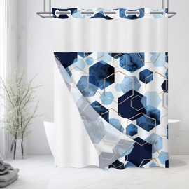 Litabel No Hook Blue Shower Curtain with Snap-in Fabric Liner Set for Bathroom, Hotel Style Modern Geometric Shower Curtain with See Through Top Window, Waterproof Shower Curtain Set, 71x74