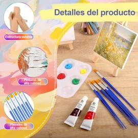 kit de 12 Caballete de Mesa,10x10cm Mini lienzos para pintar y Bastidores con 12 colores de pintura acrílica,10 Pinceles y 2 Paleta Arte para dibujos niños y Suministros de Fiesta de Pintura Artística