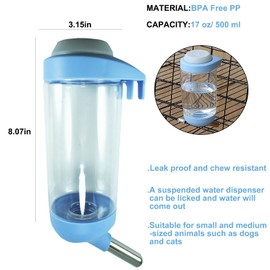 DEEUCHIS Dog Crate Water Bottle - 17 oz No Drip Kennel Pet Water Dispenser, Easy-to-Use Cage Water Bottle for Dogs, Cats, Small Animals, 500ML, Blue