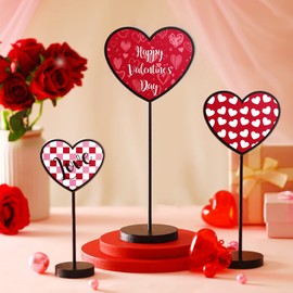 3 Pcs Valentines Day Heart Wooden Sign on Stand Valentines Day Wood Table Decor Heart Shaped Wood Decor Freestanding Heart Decorations Heart Tabletop Centerpiece for Wedding Home Party Favor Supplies