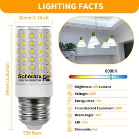 SCHERARX 2Pack E26 Led Bulb 60Watt Equivalent, E26 Dimmable Light Bulb, 6000K Daylight White, 7W 120v LED Light Bulbs,800LM, for Indoor Lighting